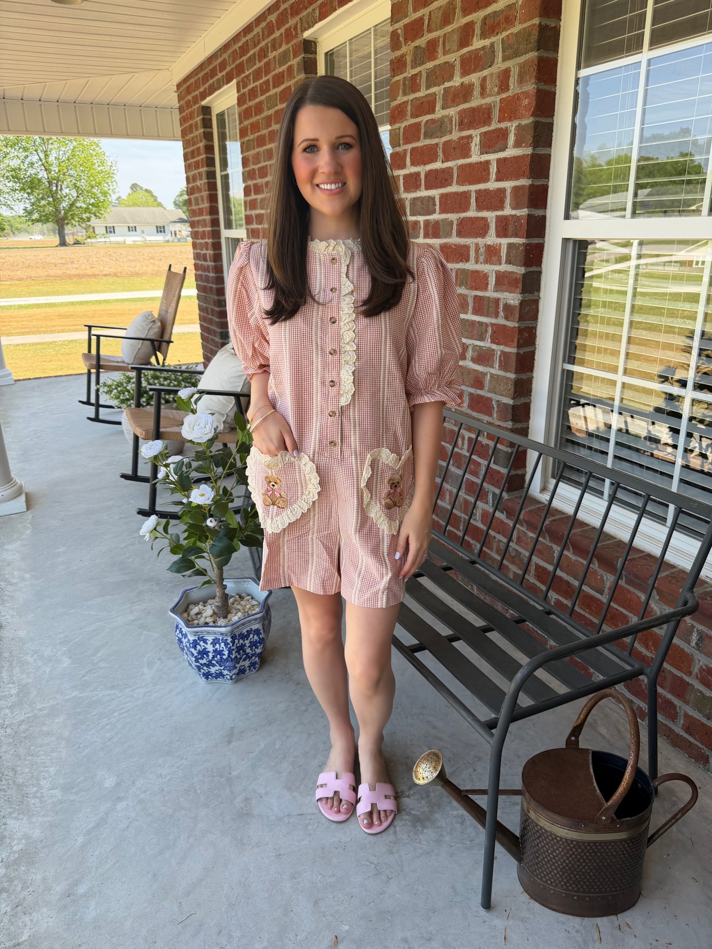 Teddy bear romper with heart pockets – cozy, oversized, and adorable for summer nights out