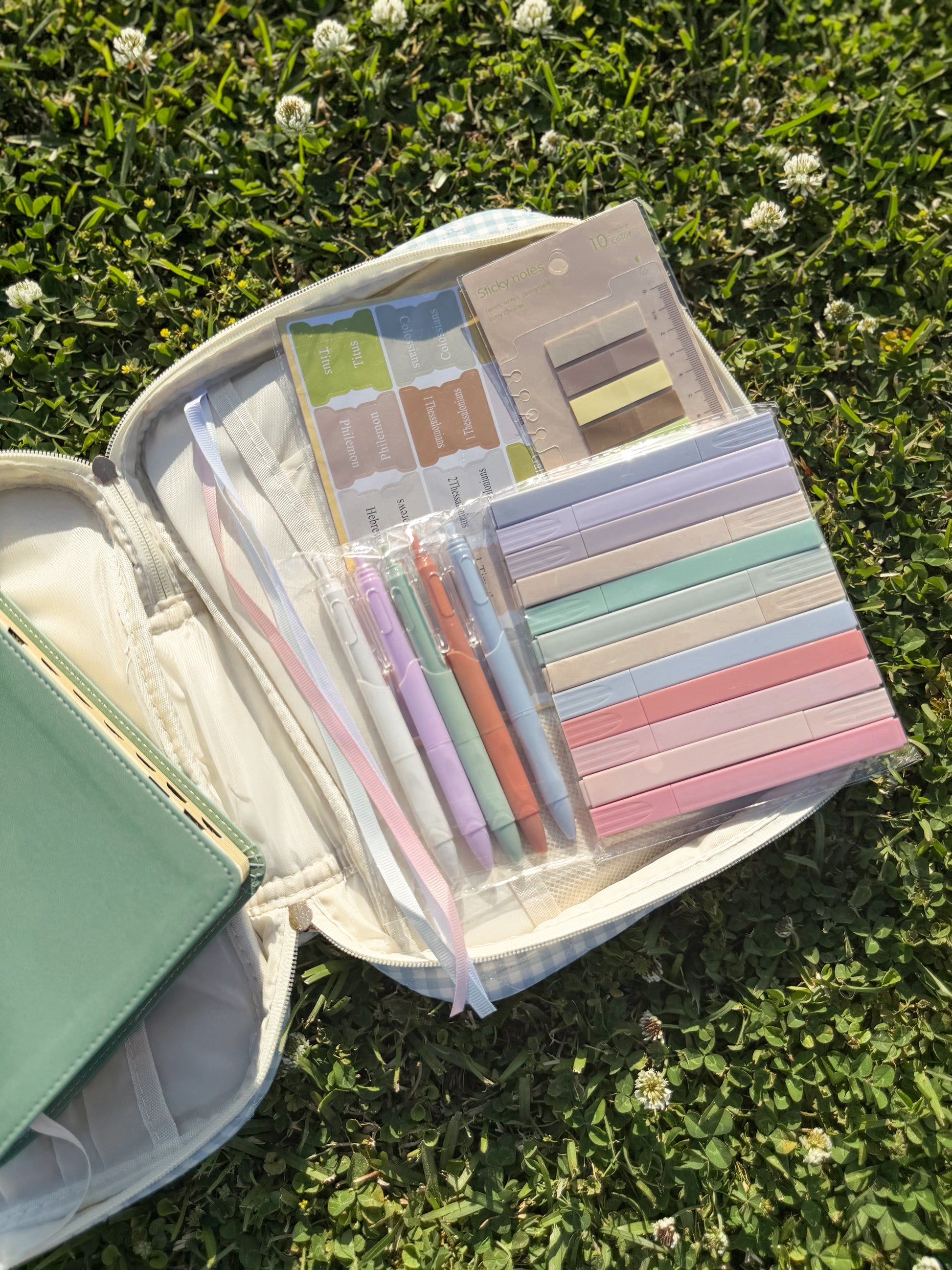 Blue quilted shabby chic bible cover set with sticky notes, highlighters, pens, and chapter dividers