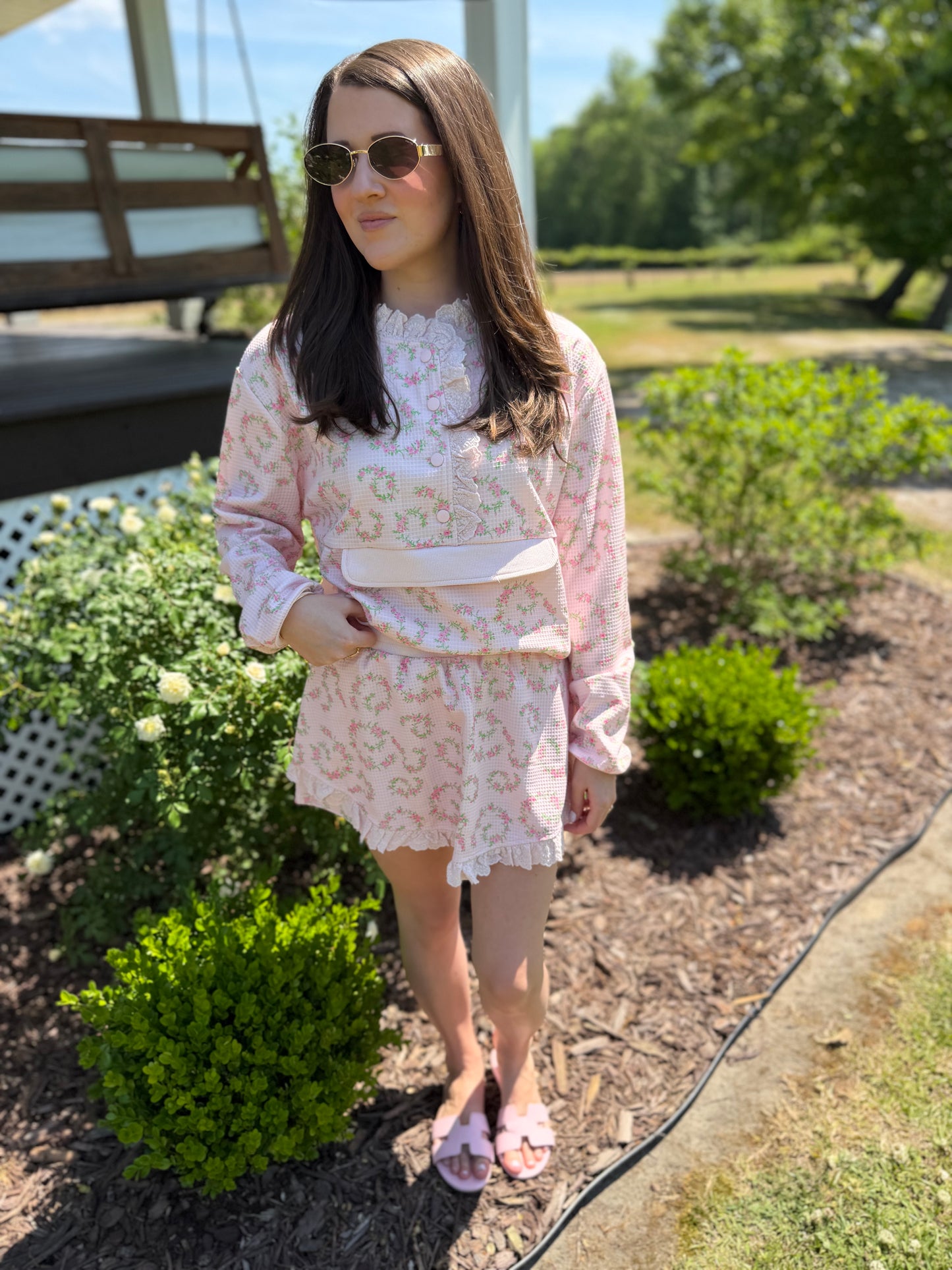 Pink floral matching skort and pullover set — a cute and comfortable outfit perfect for travel, a day out, or everyday wear