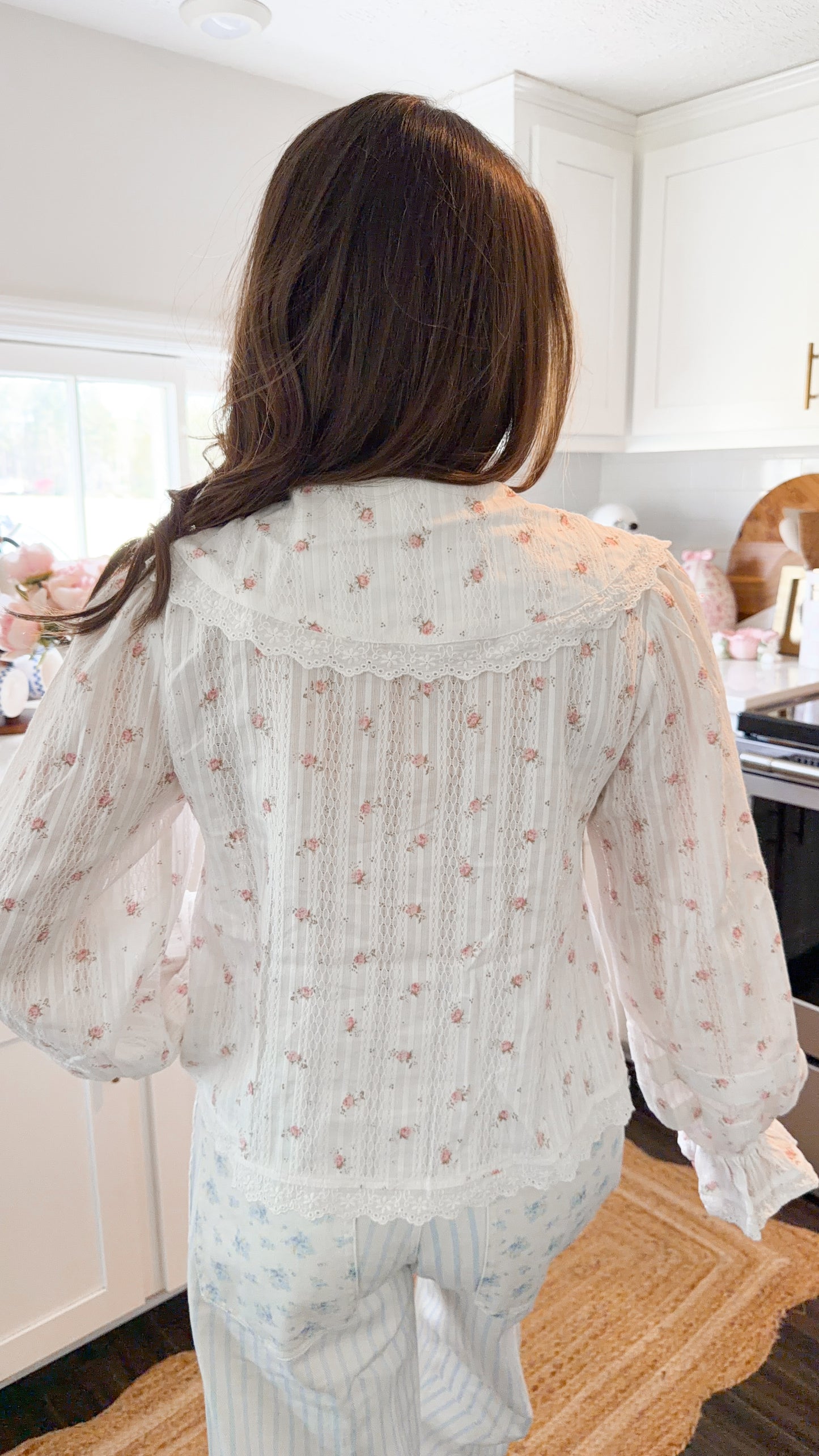 Lightweight pink floral Peter Pan collar blouse with front tie – dainty coquette style perfect for jeans or skirts