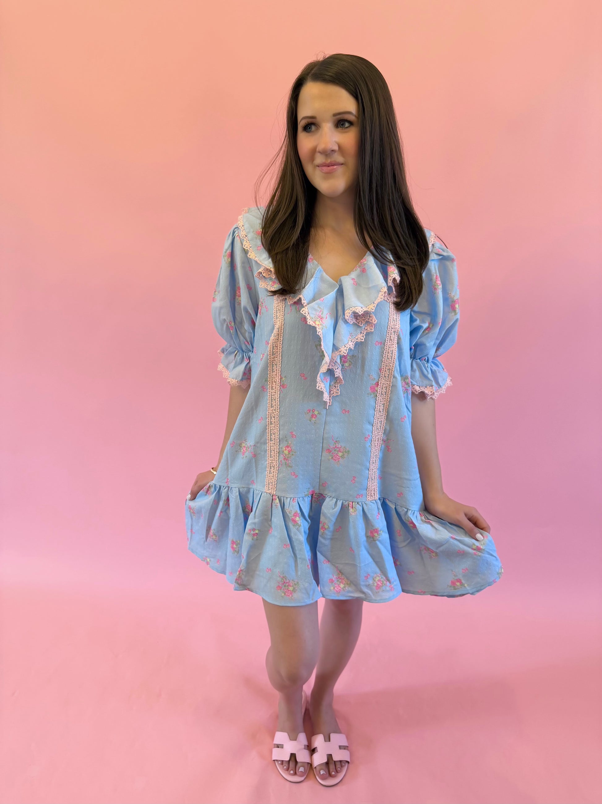 Blue and pink cotton ruffle neckline dress – a summer conversation starter.