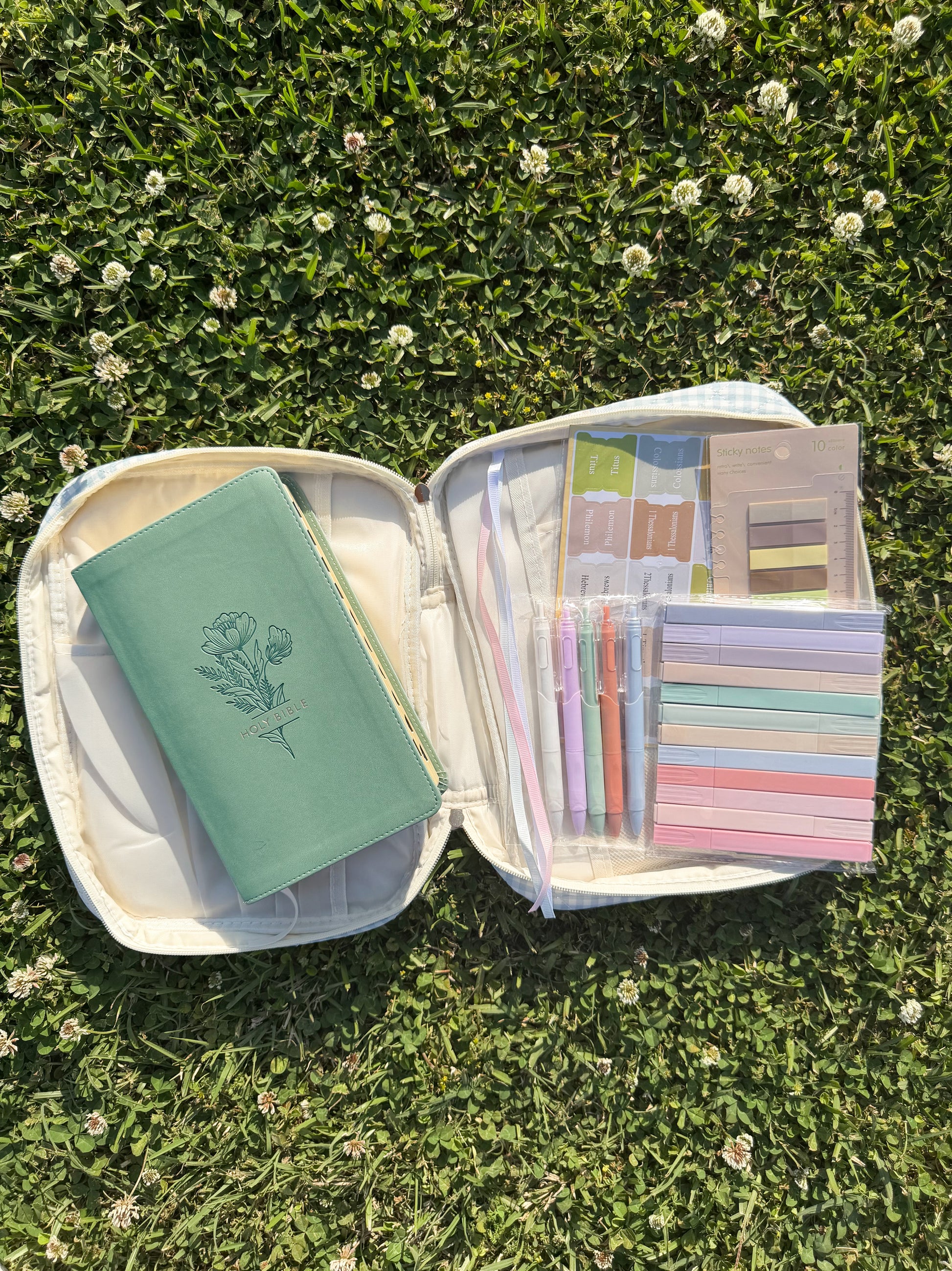 Blue quilted shabby chic bible cover set with sticky notes, highlighters, pens, and chapter dividers