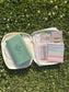 Blue quilted shabby chic bible cover set with sticky notes, highlighters, pens, and chapter dividers