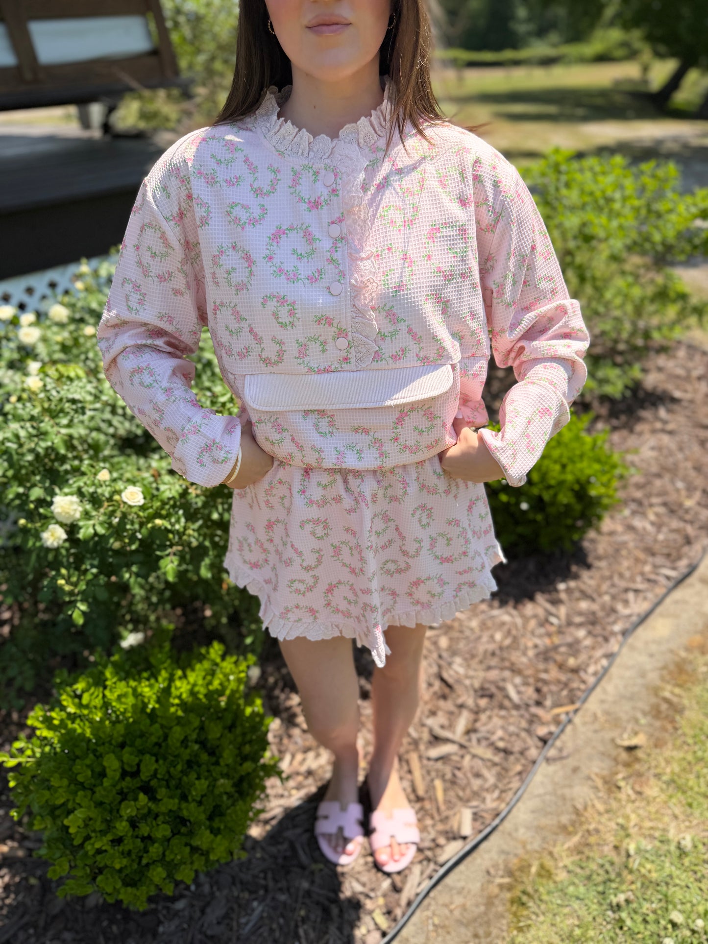 Pink floral matching skort and pullover set — a cute and comfortable outfit perfect for travel, a day out, or everyday wear