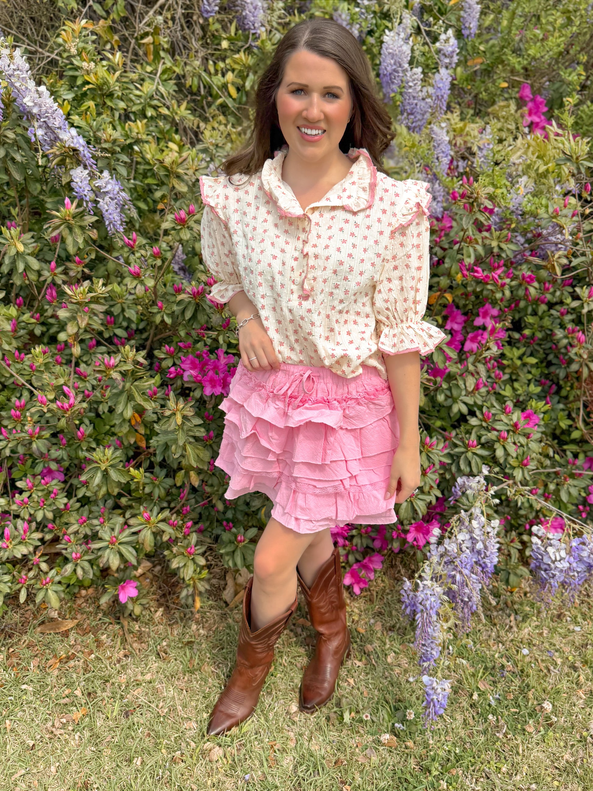 Pink tiered ruffle skort with elastic waist – fully lined and easy to dress up with a blouse or keep casual with a tee"