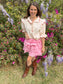 Pink tiered ruffle skort with elastic waist – fully lined and easy to dress up with a blouse or keep casual with a tee"