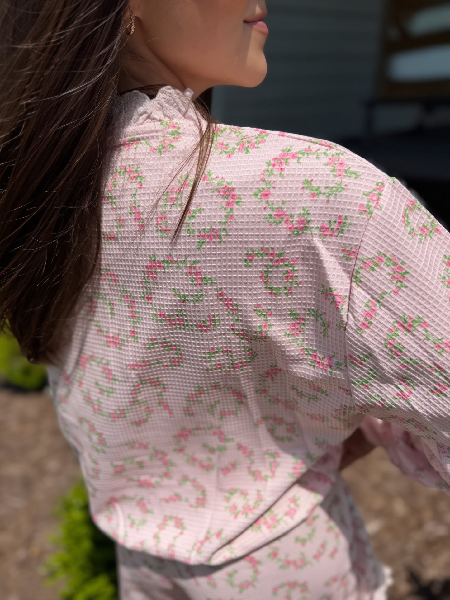 Pink floral matching skort and pullover set — a cute and comfortable outfit perfect for travel, a day out, or everyday wear