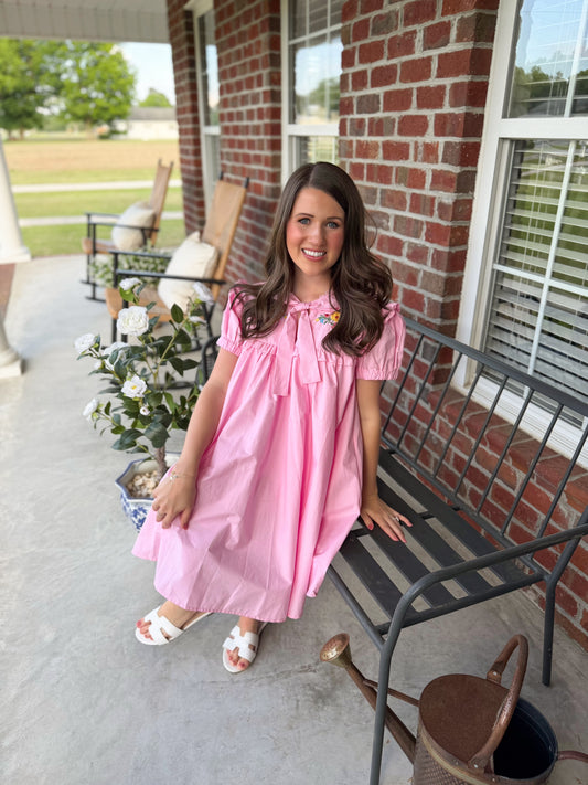 Pink babydoll dress with tie at the top and stunning embroidered flowers — perfect for spring and summer parties, church, and teas