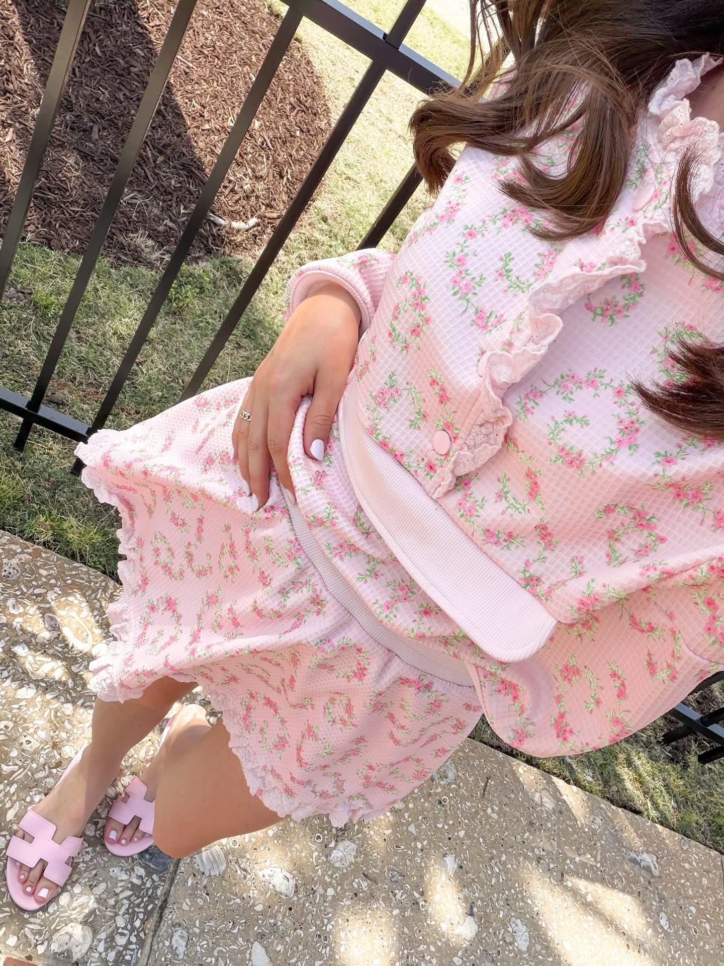 Pink floral matching skort and pullover set — a cute and comfortable outfit perfect for travel, a day out, or everyday wear