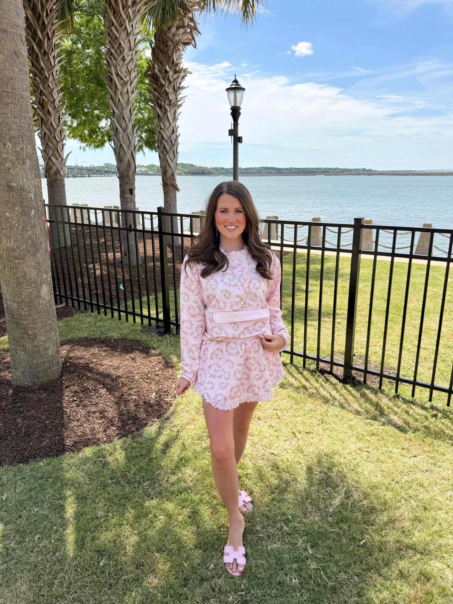 Pink floral matching skort and pullover set — a cute and comfortable outfit perfect for travel, a day out, or everyday wear