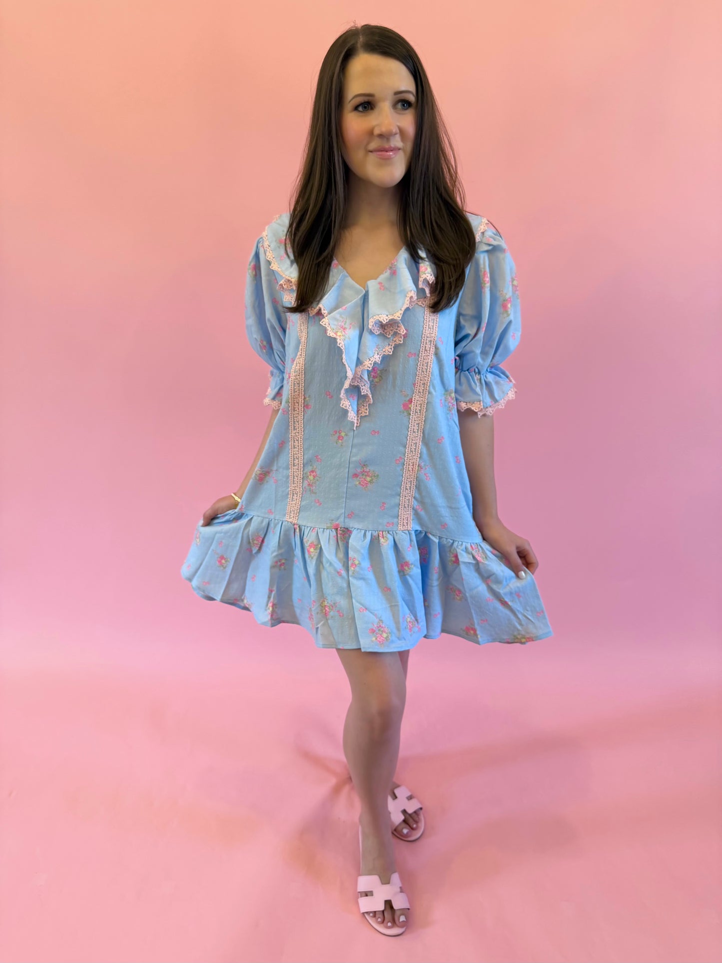 Blue and pink cotton ruffle neckline dress – a summer conversation starter.