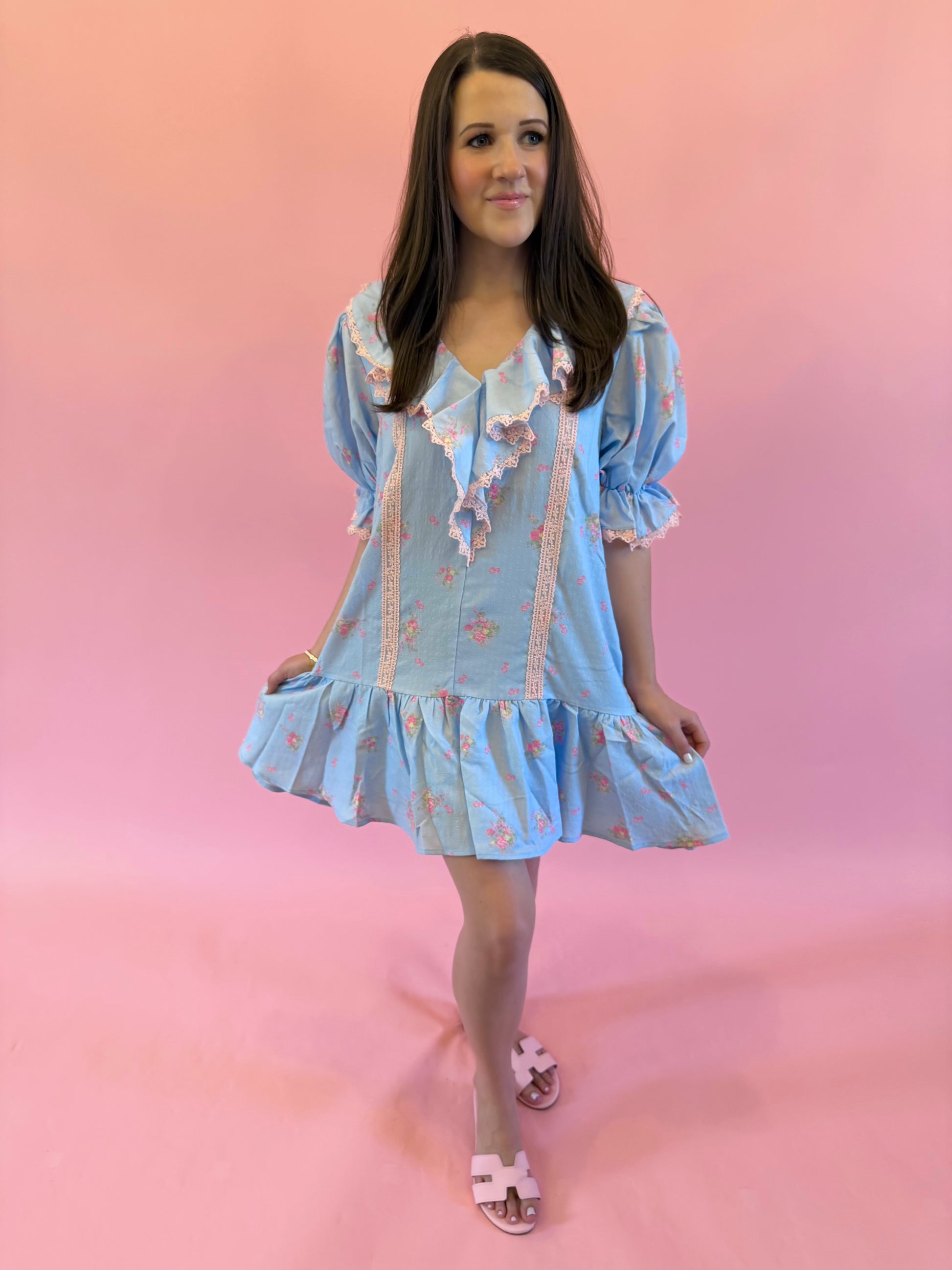 Blue and pink cotton ruffle neckline dress – a summer conversation starter.