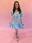 Blue and pink cotton ruffle neckline dress – a summer conversation starter.