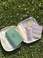 Floral quilted patchwork bible cover in pink – complete set with sticky notes, pens, and chapter tabs