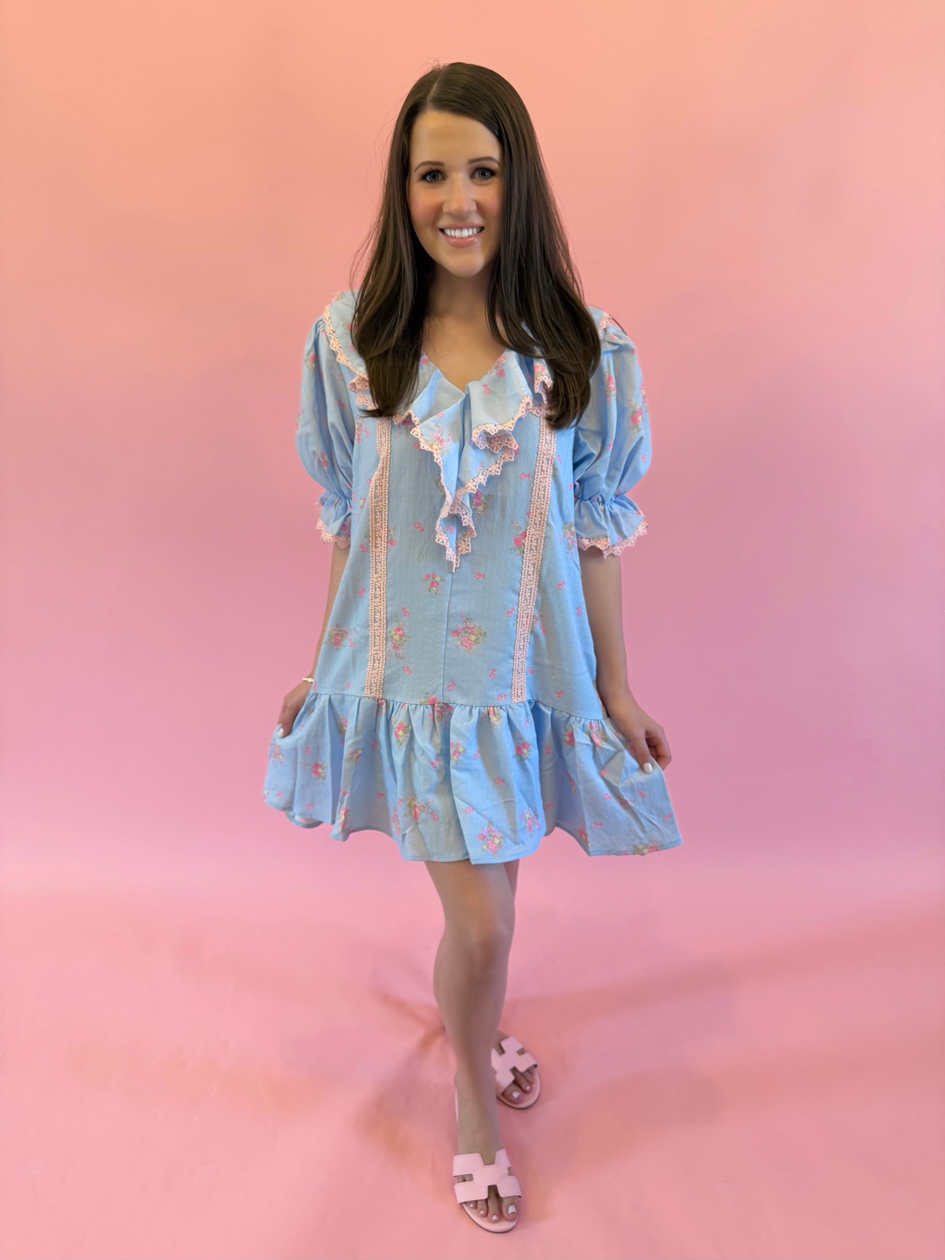 Blue and pink cotton ruffle neckline dress – a summer conversation starter.