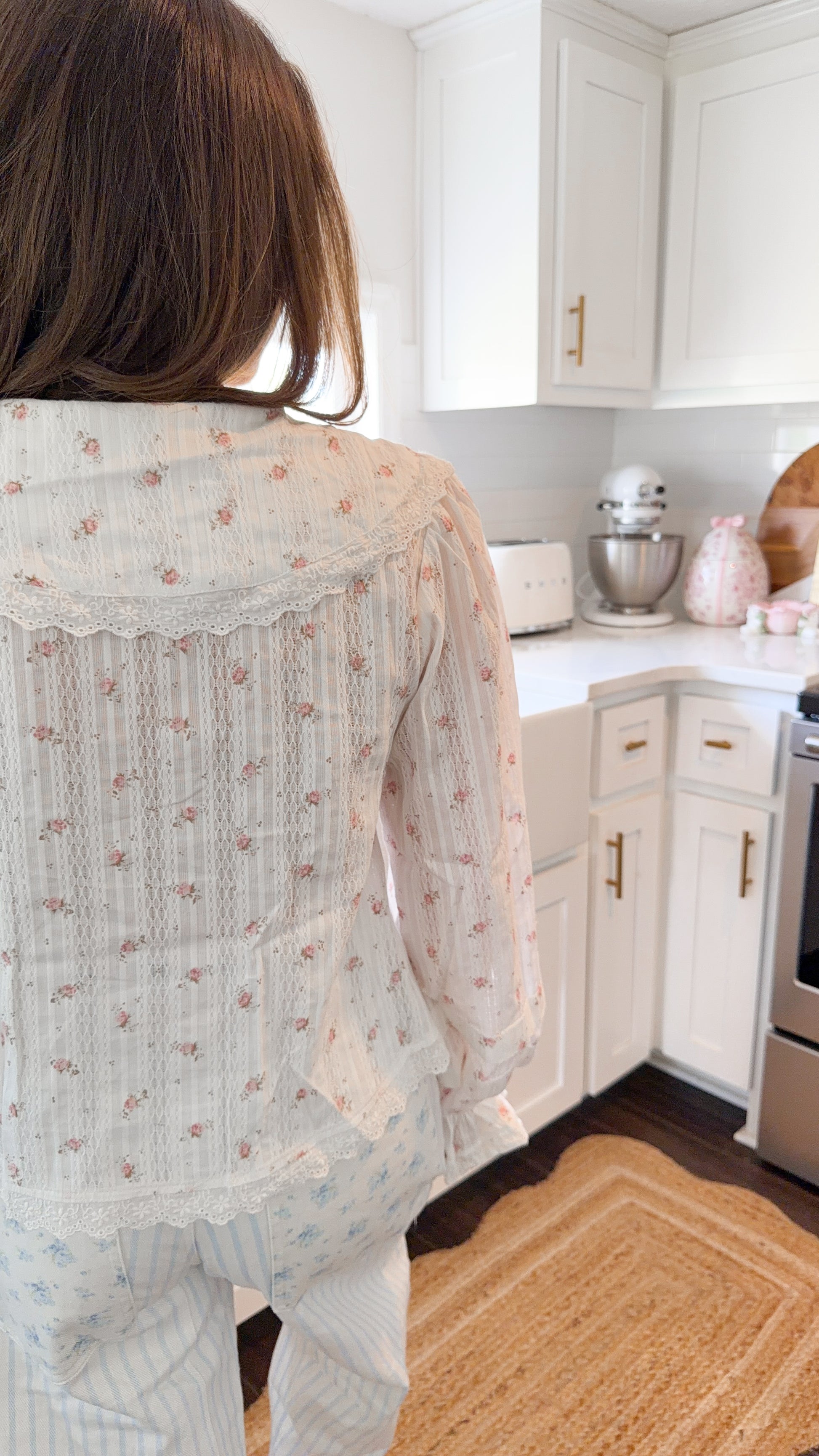 Lightweight pink floral Peter Pan collar blouse with front tie – dainty coquette style perfect for jeans or skirts