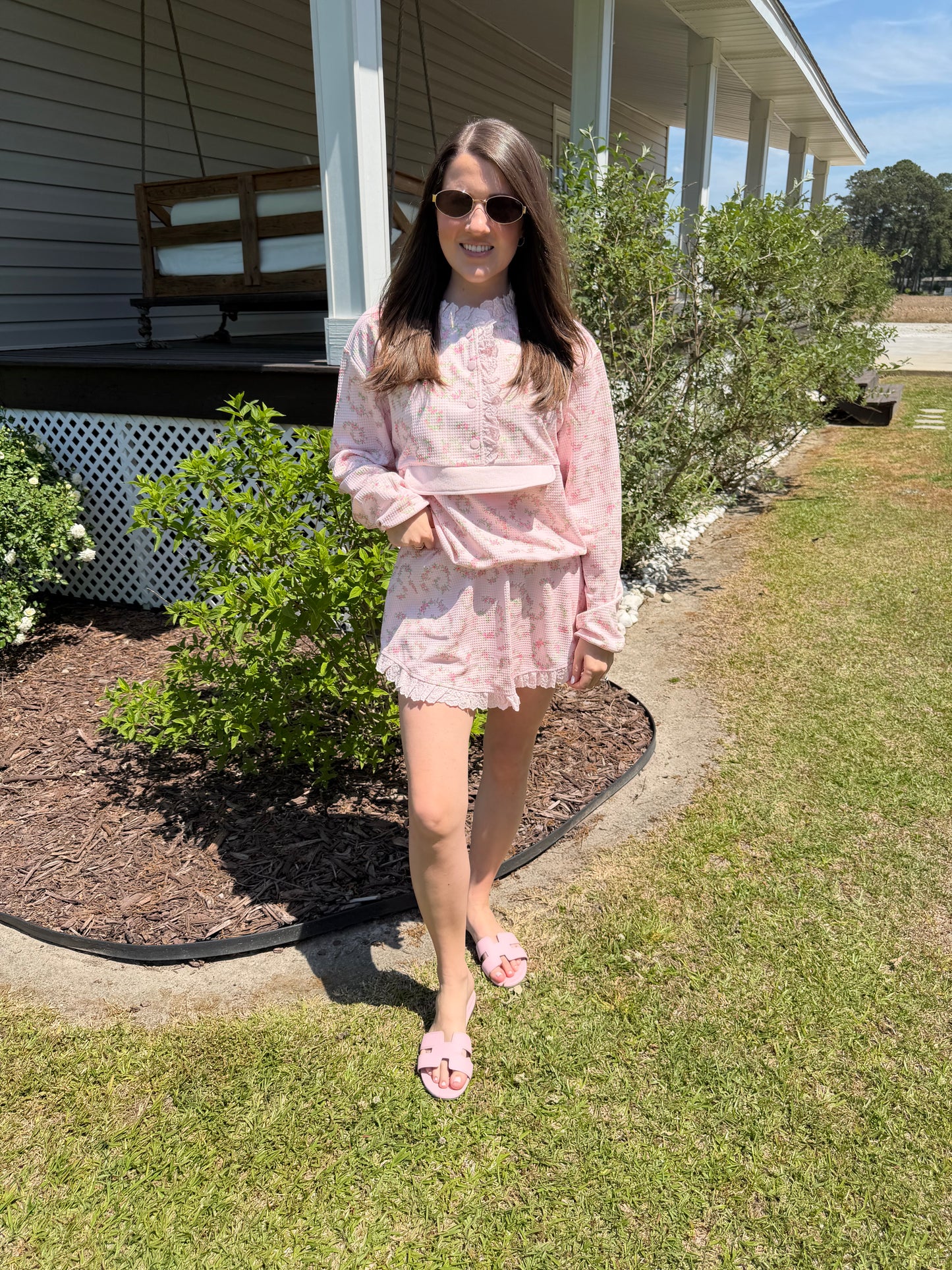 Pink floral matching skort and pullover set — a cute and comfortable outfit perfect for travel, a day out, or everyday wear