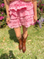 Pink tiered ruffle skort with elastic waist – fully lined and easy to dress up with a blouse or keep casual with a tee"