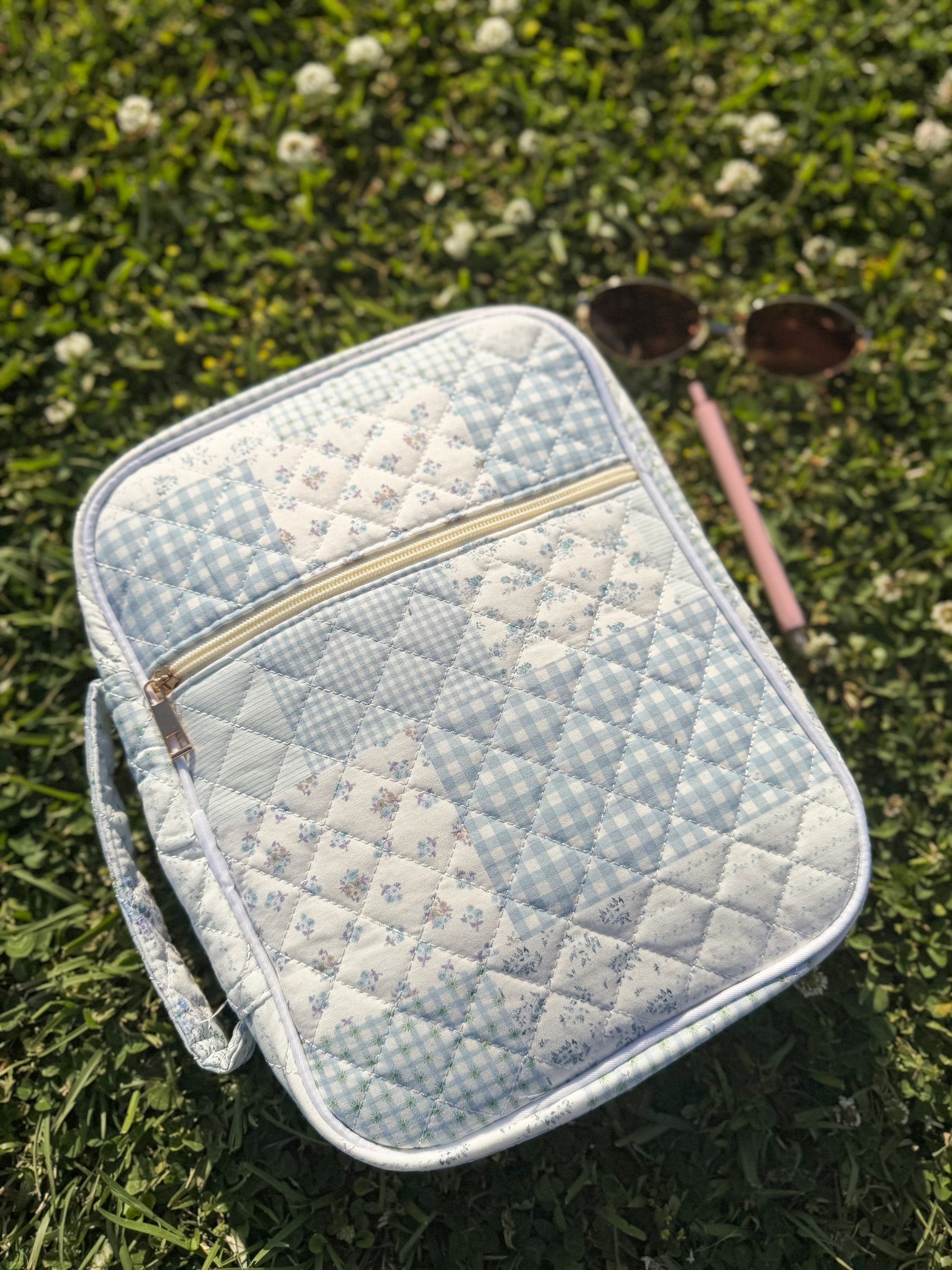 Blue quilted shabby chic bible cover set with sticky notes, highlighters, pens, and chapter dividers