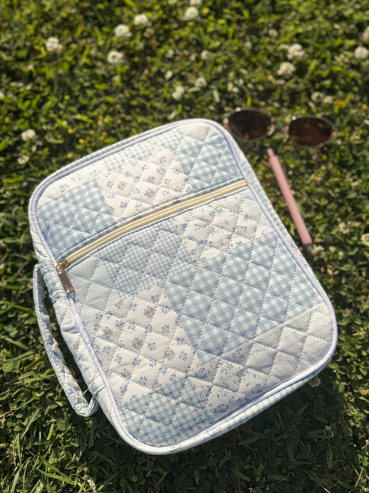 Blue quilted shabby chic bible cover set with sticky notes, highlighters, pens, and chapter dividers