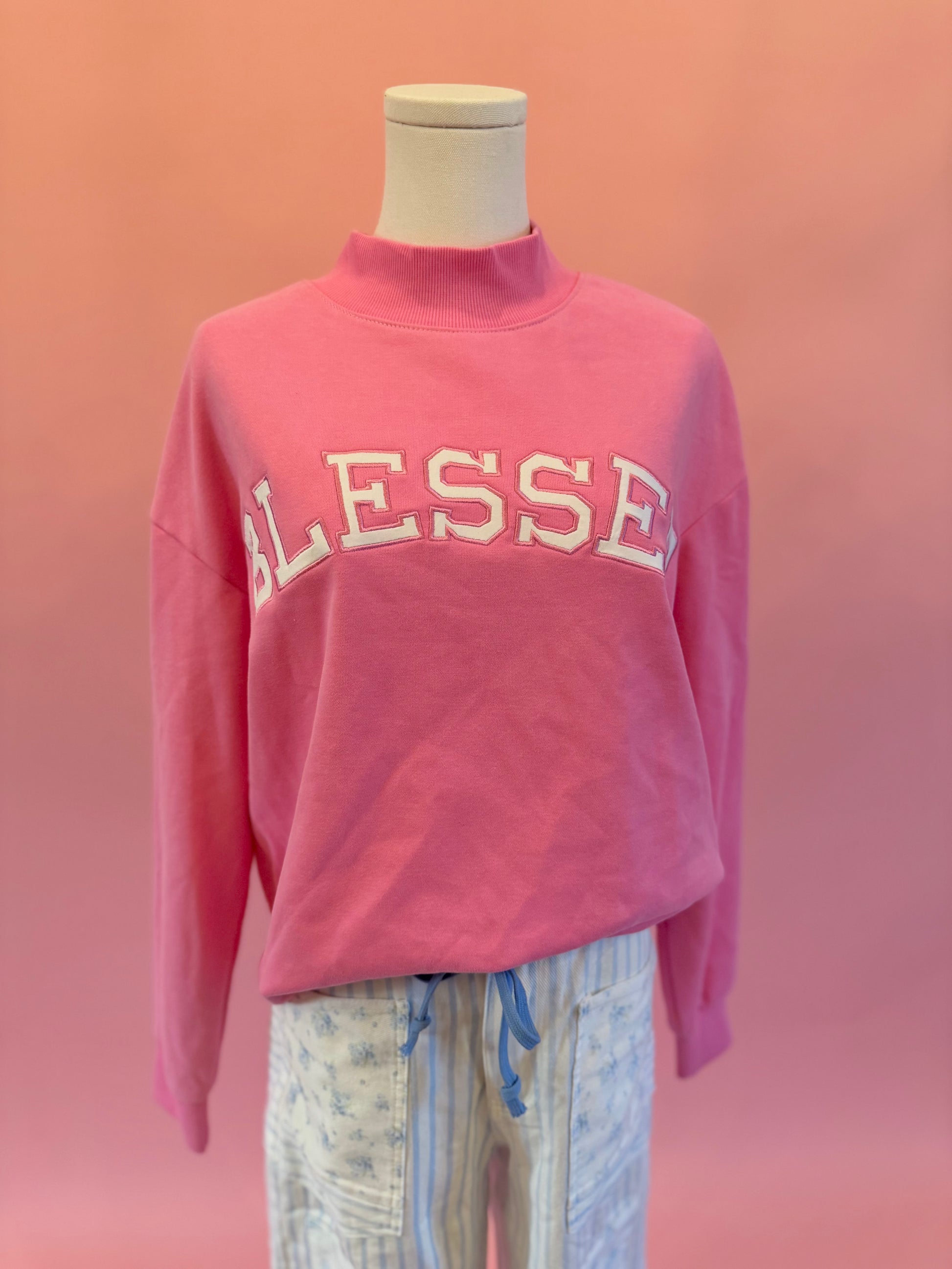 Mock neck 'Blessed' embellished sweatshirt – comfortable faith-inspired style for everyday wear