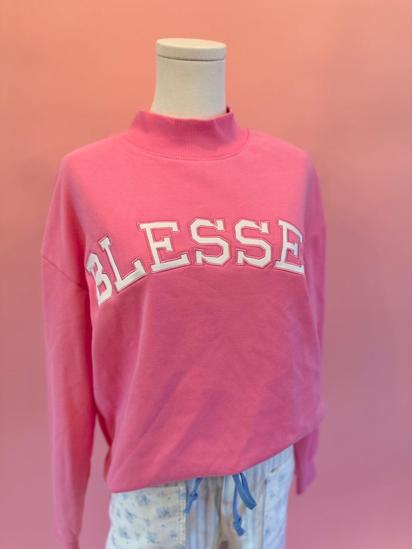 Mock neck 'Blessed' embellished sweatshirt – comfortable faith-inspired style for everyday wear