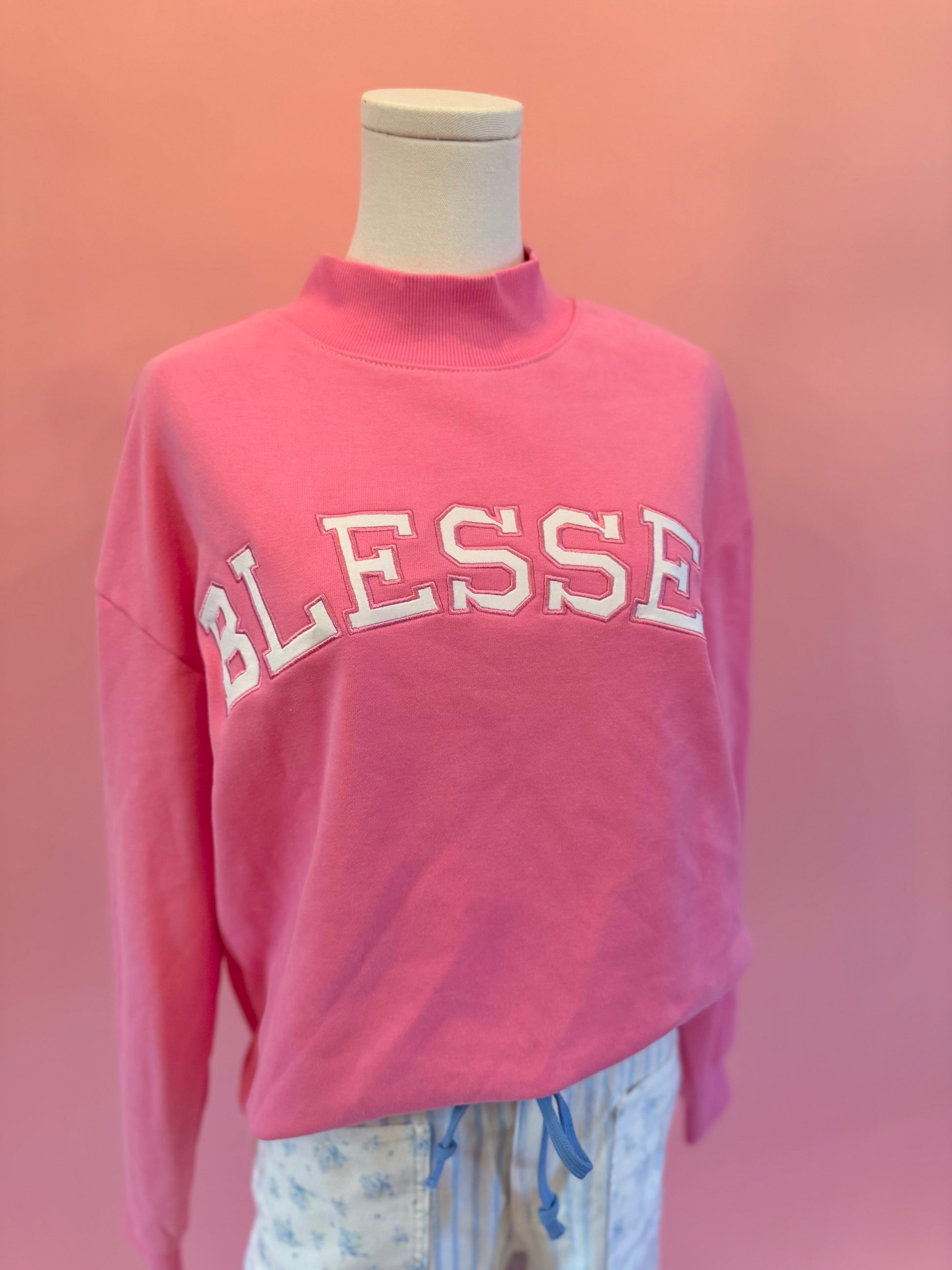 Mock neck 'Blessed' embellished sweatshirt – comfortable faith-inspired style for everyday wear